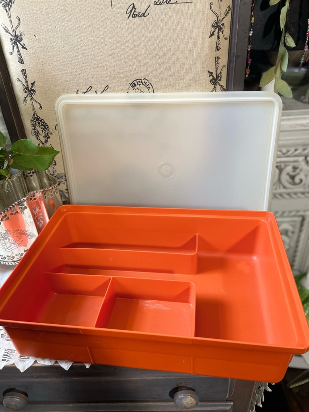 Tupperware orange storage organizer box with lid vintage